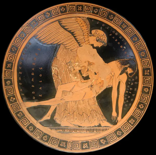 Eos carrying the body of her son Memnon, cup by Douris